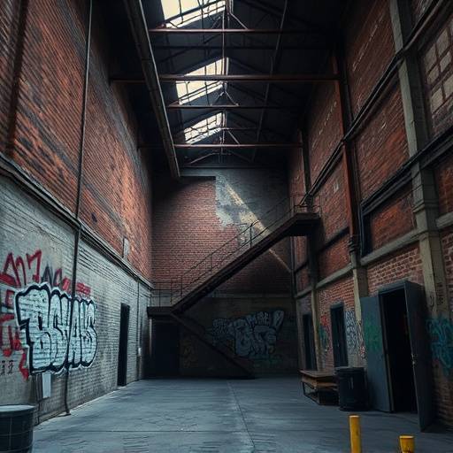 A gritty warehouse interior in Downtown Los Angeles with exposed brick and graffiti
