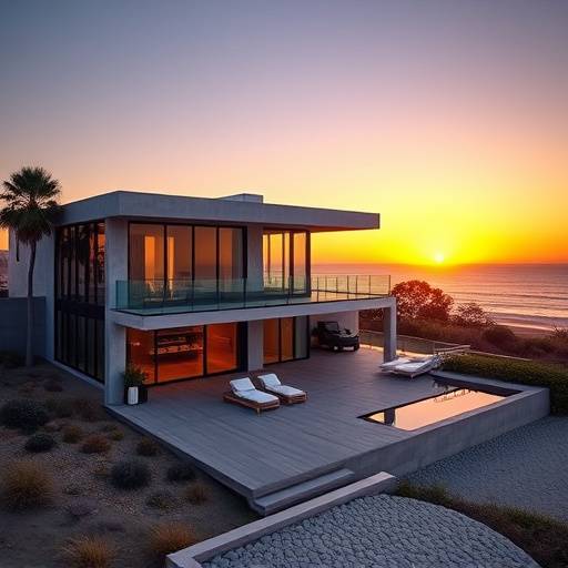 Exterior of a modern Malibu beach house at sunset
